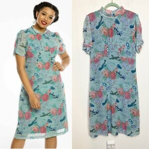 NWT Lindy Bop Retro Amelia Dress Mint Planes Floral Size US 12 Love Letters Blue